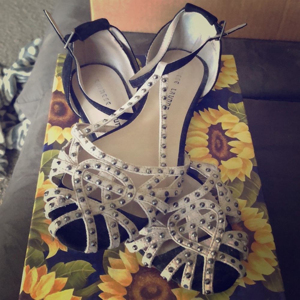 Black beige rhinestone studded flats
